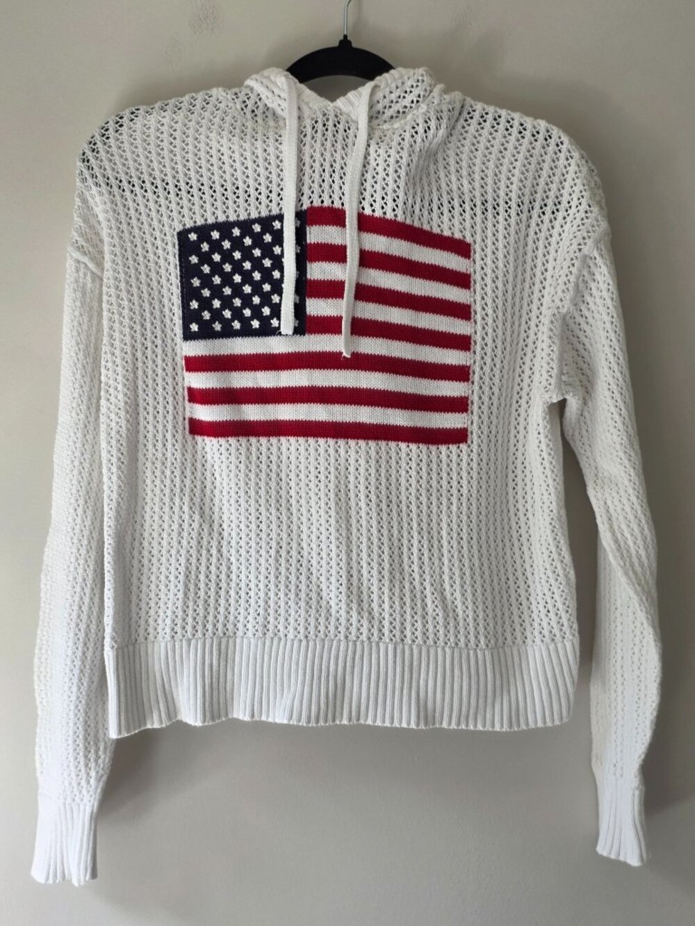 100% Cotton American Flag Hooded Pullover Sweater | Juniors M | Open Stitch